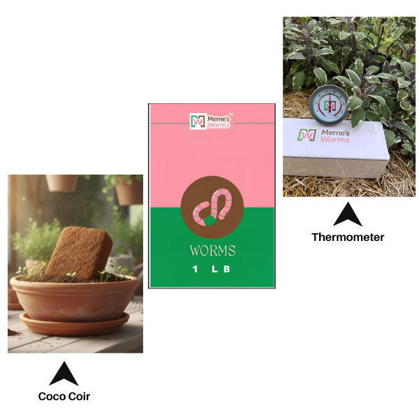 1 LB Worms + Coco Coir + Thermometer Combo
