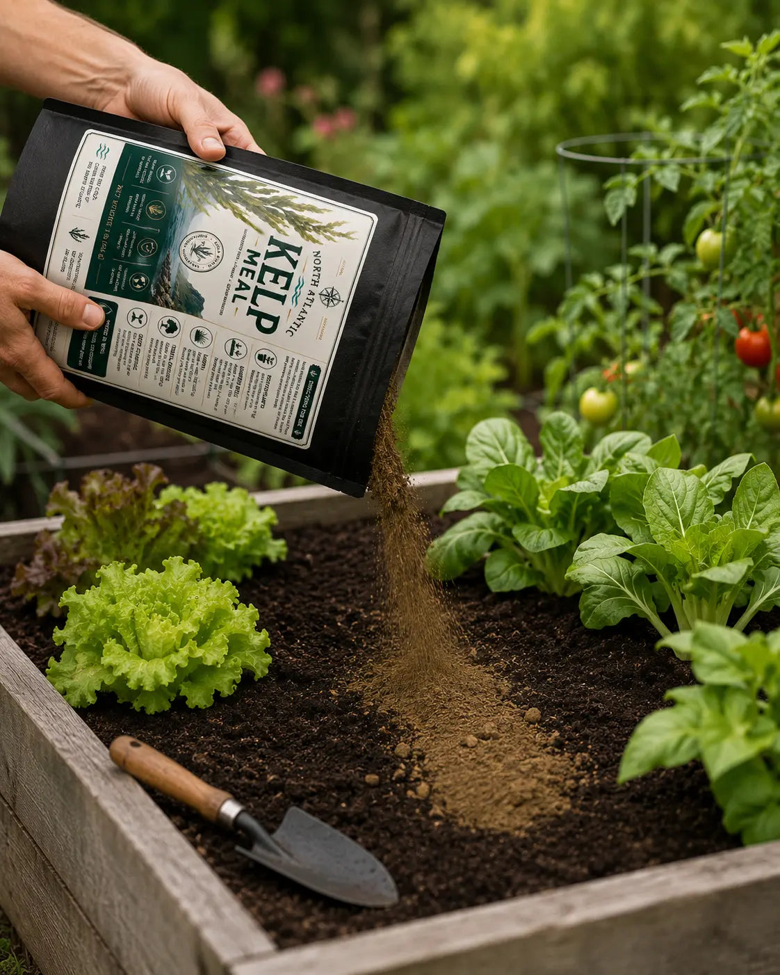 Person adding kelp meal to garden soil with plants in the background